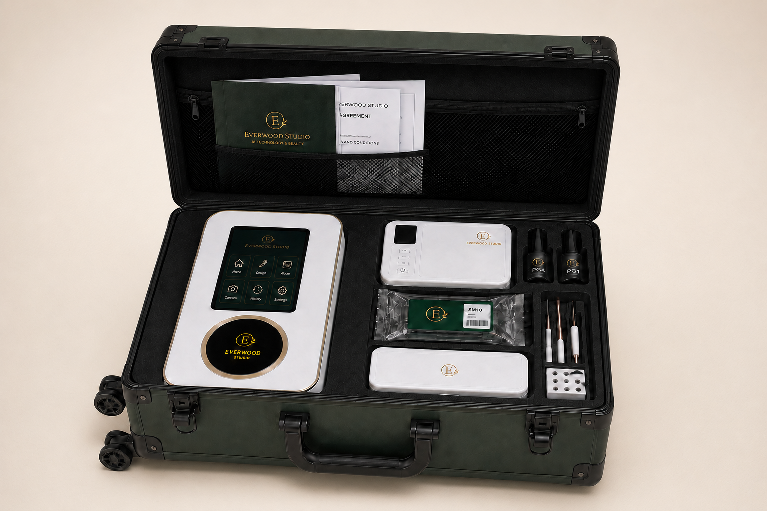 Open Everwood Studio Mobile Station with AI nail printer and professional accessories arranged in fitted compartments